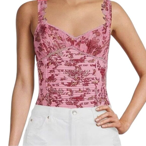Free People XS Ruched Front Pink Micro Floral Bodysuit Coquette Fairy Girl New - Picture 4 of 9